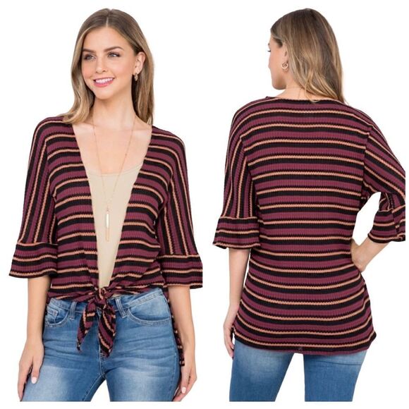 Miley +Molly Multi Stripe Bell Sleeve Tie Front Top S/M/L - Picture 1 of 9